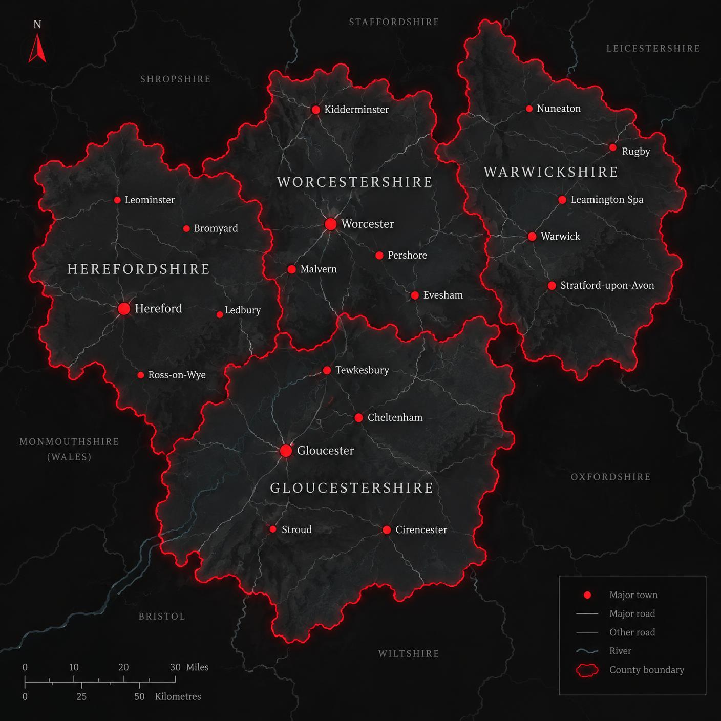 Map of areas covered: Gloucestershire, Herefordshire, Worcestershire and Warwickshire